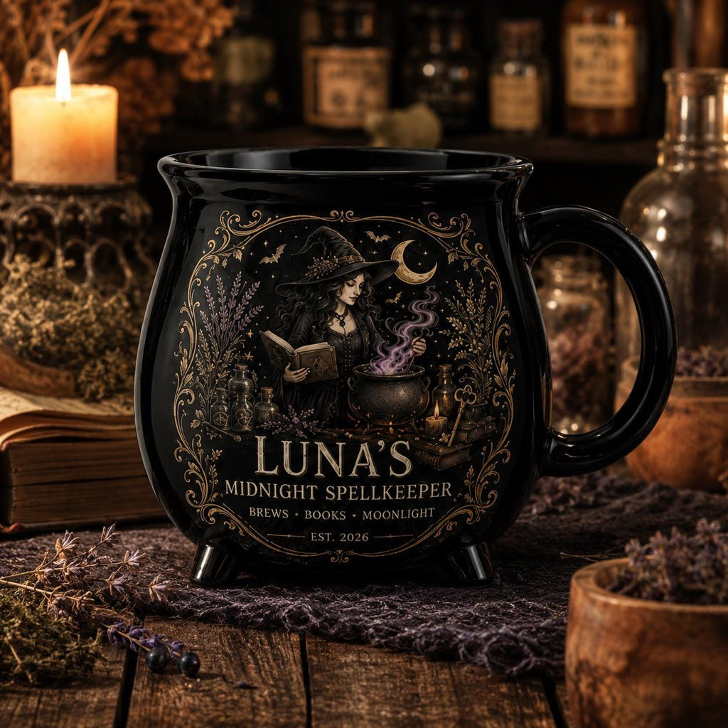 Personalized Midnight Spellkeeper Cauldron Mug, Custom Witch Book Lover Gift, Gothic Apothecary Coffee Cup