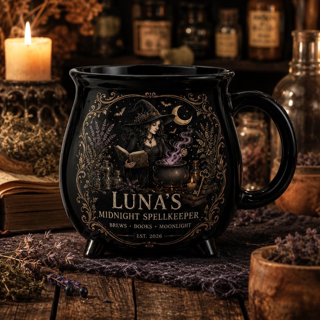 Personalized Midnight Spellkeeper Cauldron Mug, Custom Witch Book Lover Gift, Gothic Apothecary Coffee Cup
