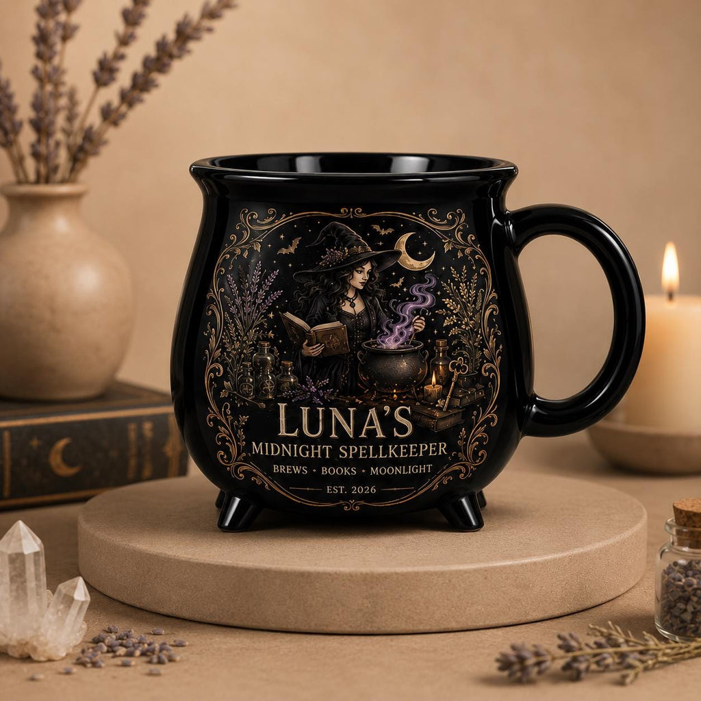 Personalized Midnight Spellkeeper Cauldron Mug, Custom Witch Book Lover Gift, Gothic Apothecary Coffee Cup