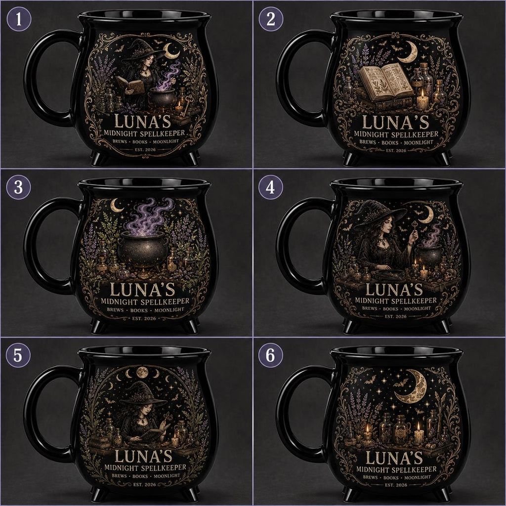 Personalized Midnight Spellkeeper Cauldron Mug, Custom Witch Book Lover Gift, Gothic Apothecary Coffee Cup