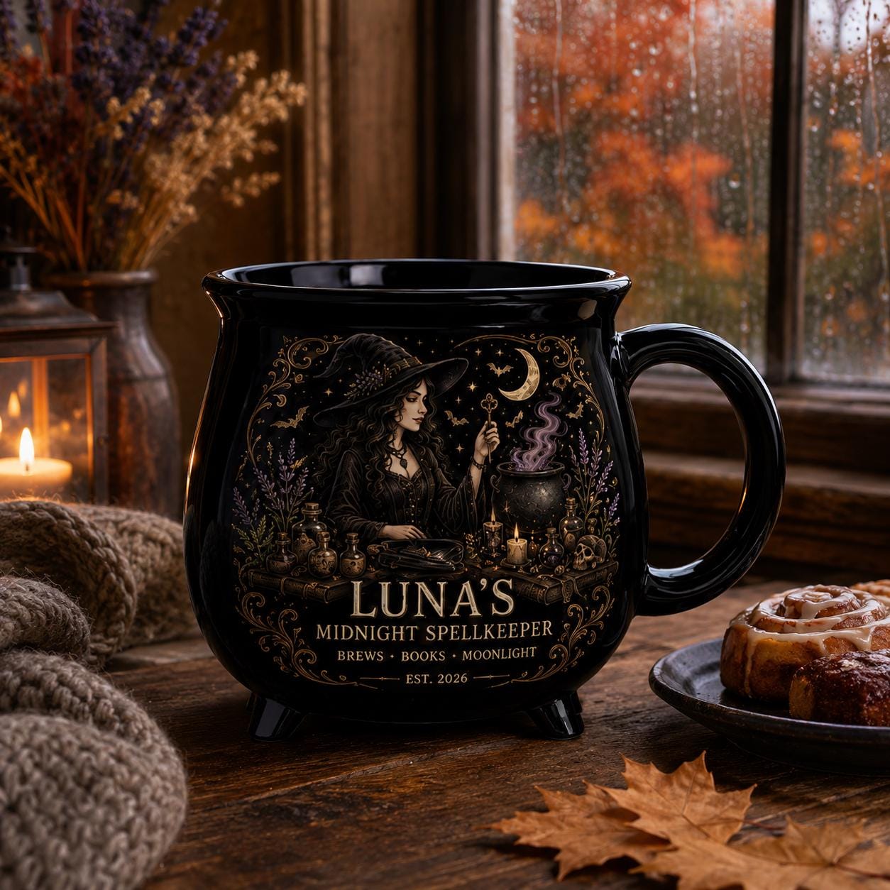 Personalized Midnight Spellkeeper Cauldron Mug, Custom Witch Book Lover Gift, Gothic Apothecary Coffee Cup