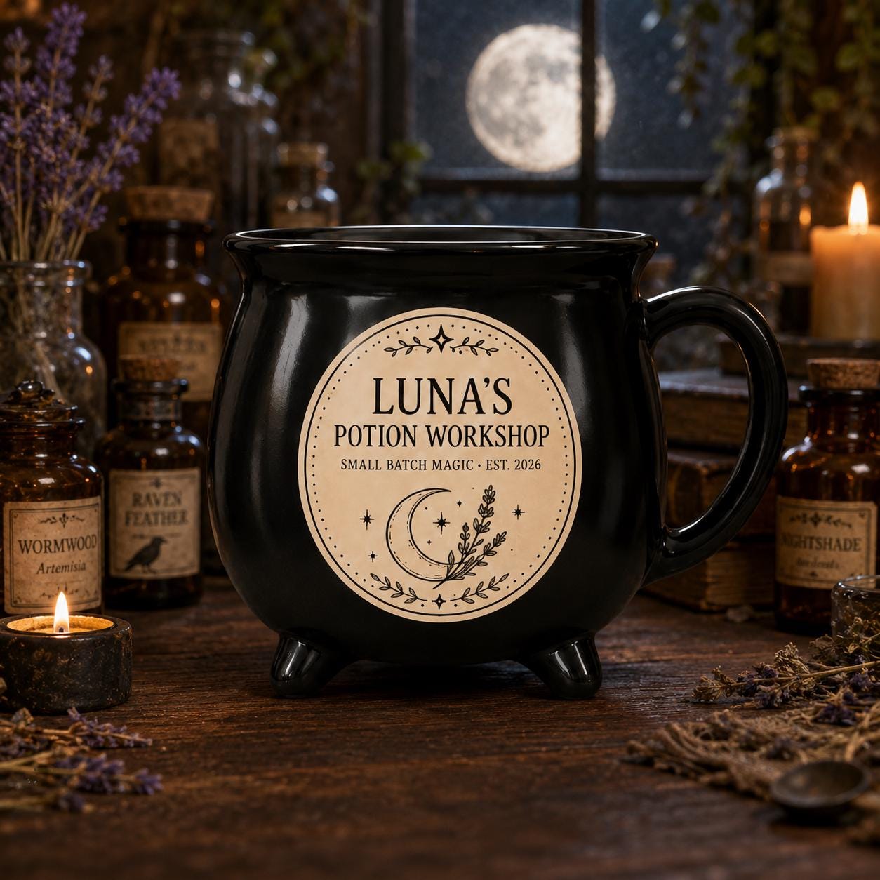 Personalized Potion Workshop Cauldron Mug, Custom Name Witchy Apothecary Cup, Gothic Halloween Gift