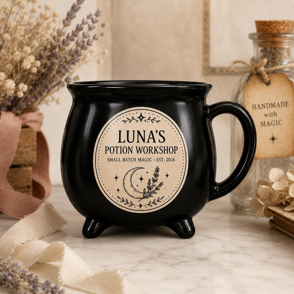 Personalized Potion Workshop Cauldron Mug, Custom Name Witchy Apothecary Cup, Gothic Halloween Gift