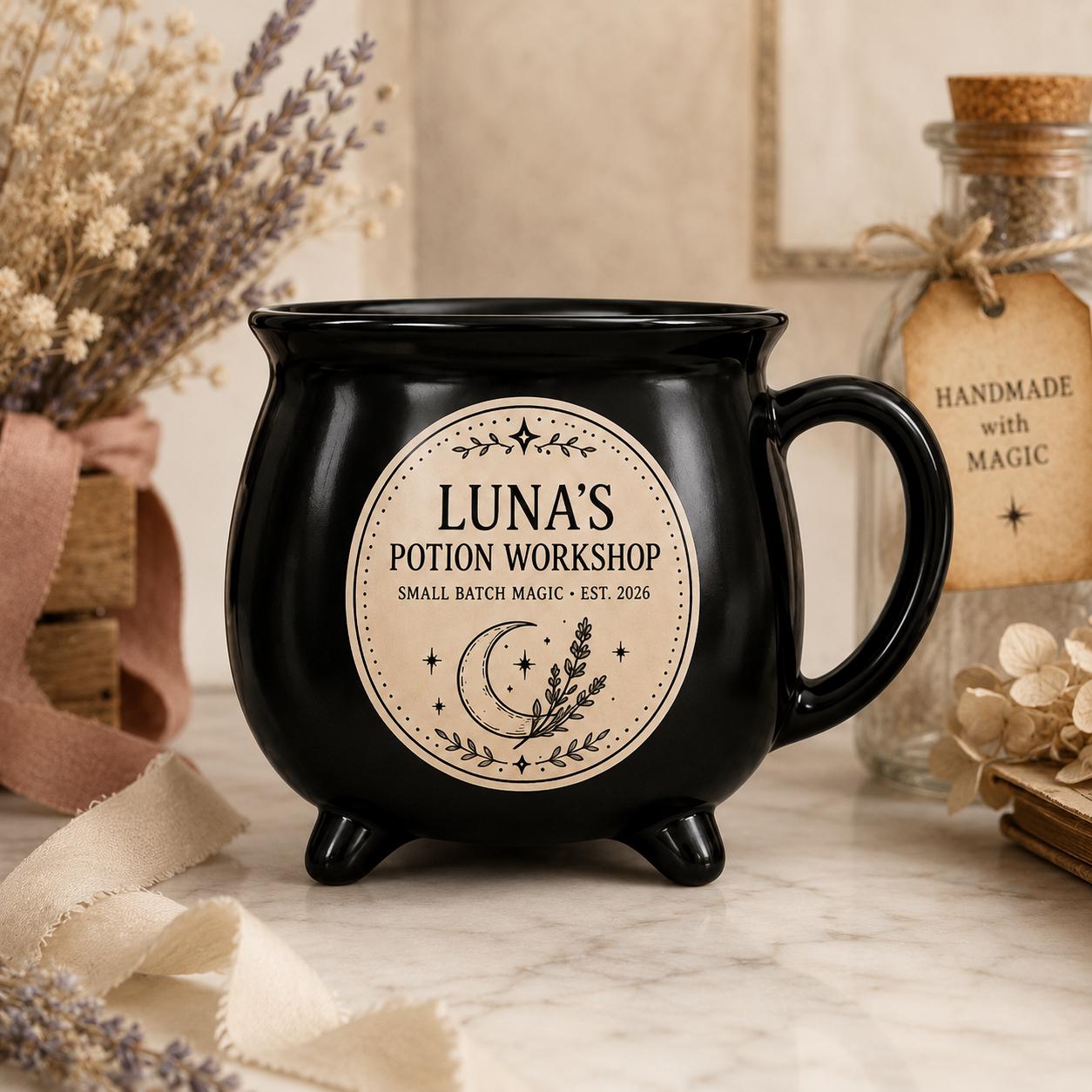 Personalized Potion Workshop Cauldron Mug, Custom Name Witchy Apothecary Cup, Gothic Halloween Gift