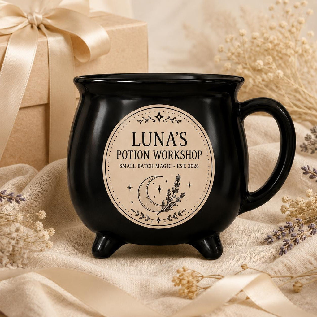 Personalized Potion Workshop Cauldron Mug, Custom Name Witchy Apothecary Cup, Gothic Halloween Gift