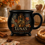 Personalized Autumn Lantern Cauldron Mug, Custom Name Fall Witchy Cup, Moonlit Cottage Halloween Gift