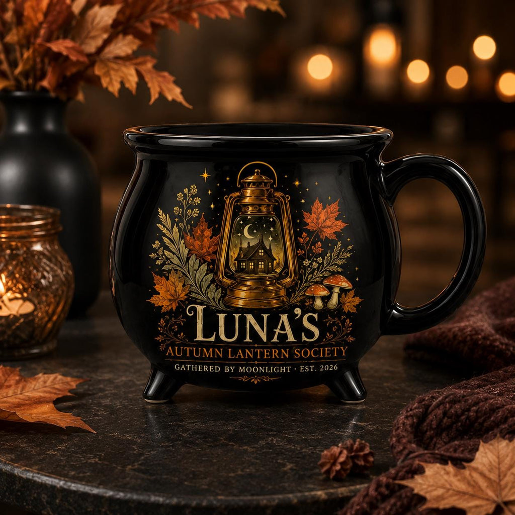 Personalized Autumn Lantern Cauldron Mug, Custom Name Fall Witchy Cup, Moonlit Cottage Halloween Gift