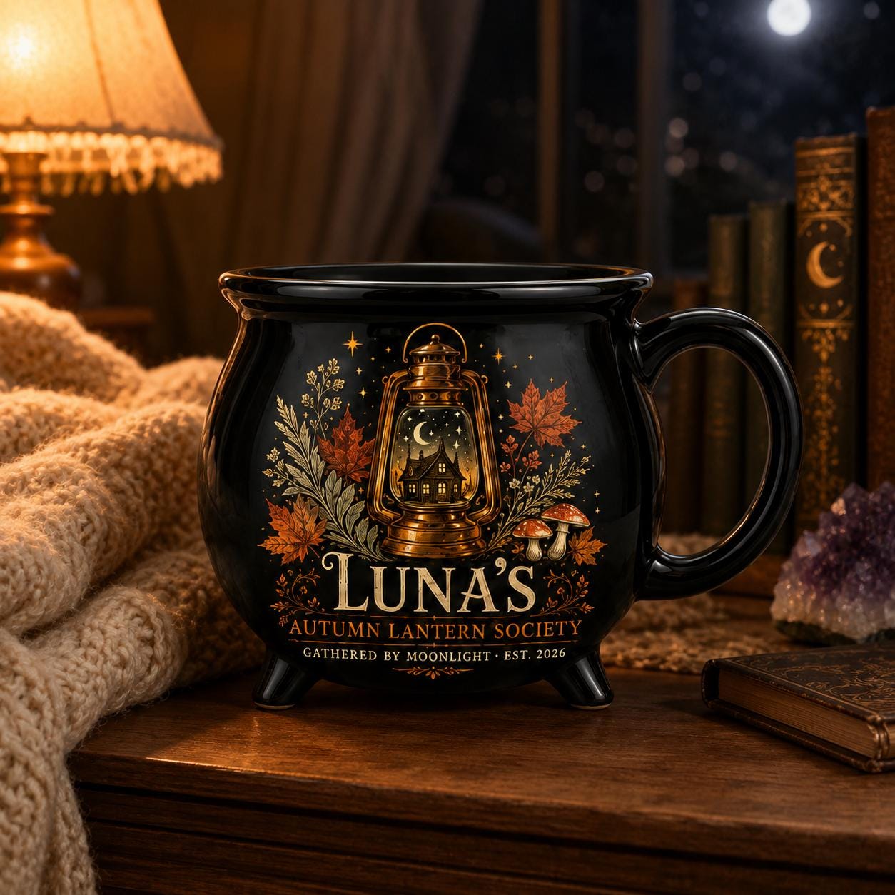 Personalized Autumn Lantern Cauldron Mug, Custom Name Fall Witchy Cup, Moonlit Cottage Halloween Gift
