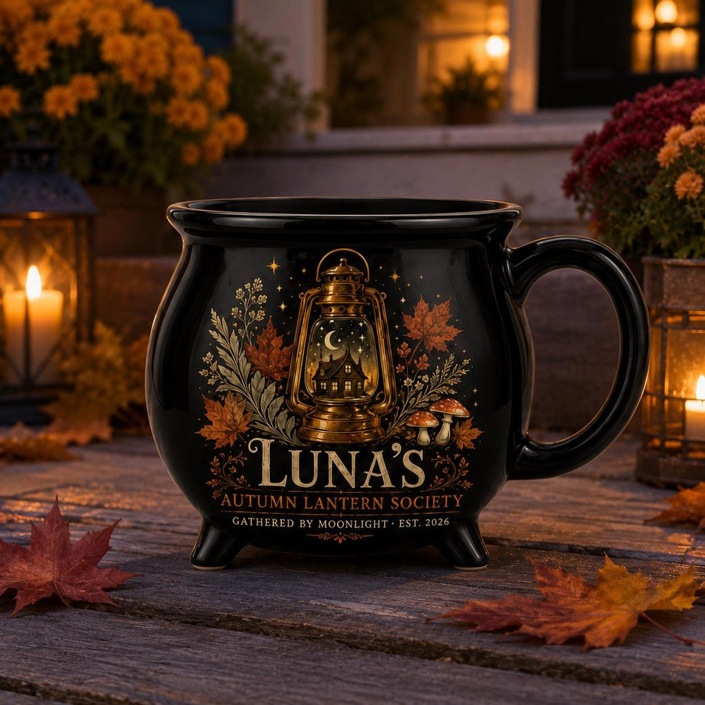 Personalized Autumn Lantern Cauldron Mug, Custom Name Fall Witchy Cup, Moonlit Cottage Halloween Gift