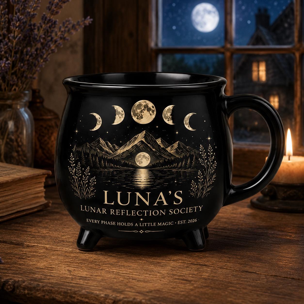 Personalized Lunar Reflection Cauldron Mug, Custom Moon Phase Mug, Celestial Moon Lover Gift, Witchy Black Ceramic Cup