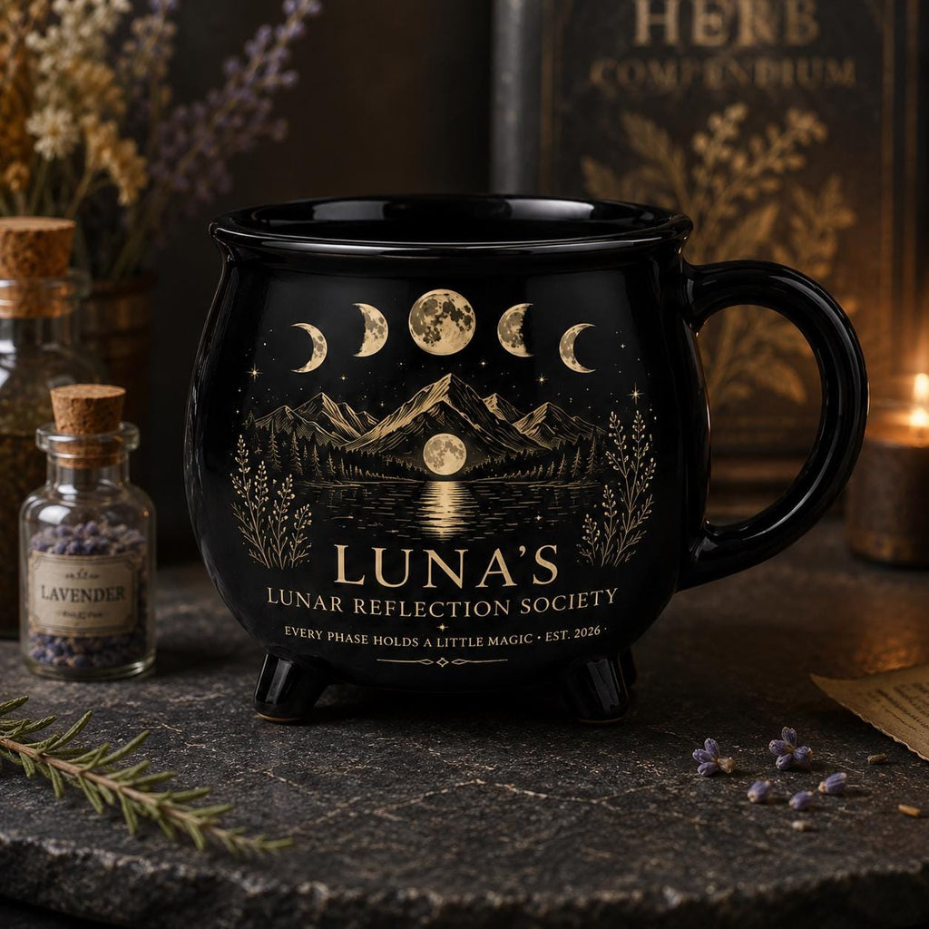 Personalized Lunar Reflection Cauldron Mug, Custom Moon Phase Mug, Celestial Moon Lover Gift, Witchy Black Ceramic Cup