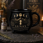 Personalized Lunar Reflection Cauldron Mug, Custom Moon Phase Mug, Celestial Moon Lover Gift, Witchy Black Ceramic Cup