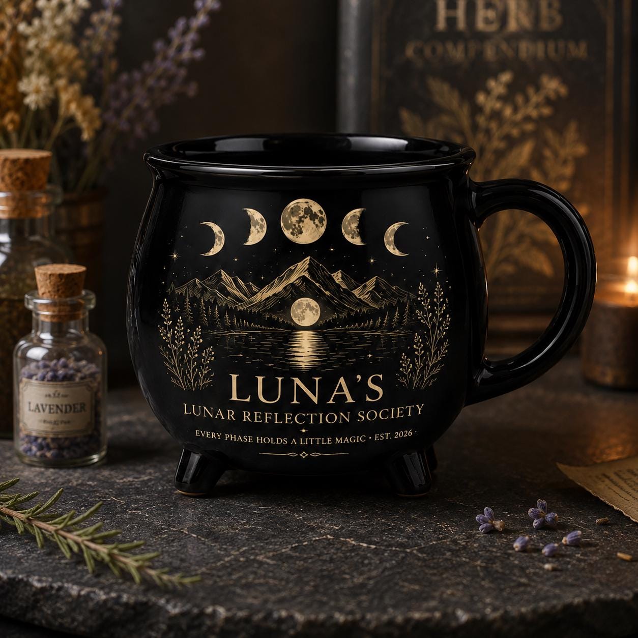 Personalized Lunar Reflection Cauldron Mug, Custom Moon Phase Mug, Celestial Moon Lover Gift, Witchy Black Ceramic Cup