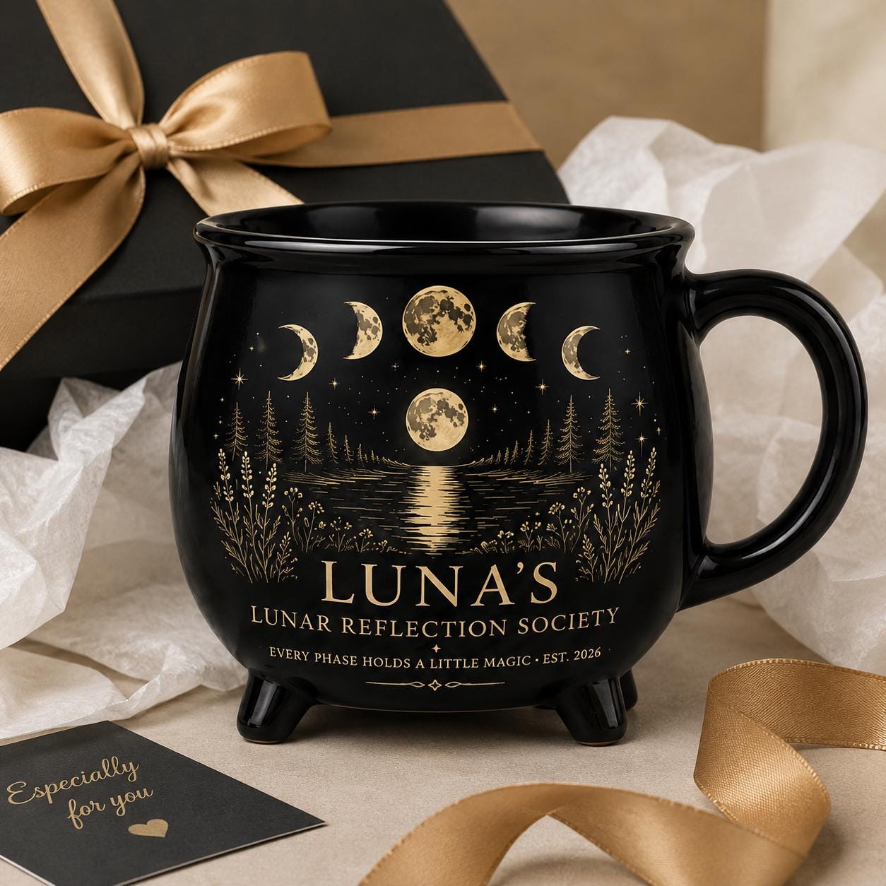 Personalized Lunar Reflection Cauldron Mug, Custom Moon Phase Mug, Celestial Moon Lover Gift, Witchy Black Ceramic Cup