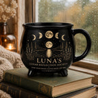 Personalized Lunar Reflection Cauldron Mug, Custom Moon Phase Mug, Celestial Moon Lover Gift, Witchy Black Ceramic Cup