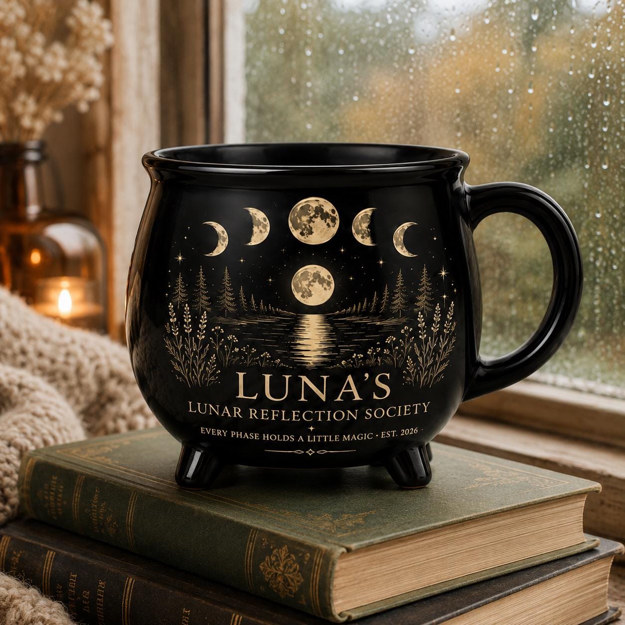 Personalized Lunar Reflection Cauldron Mug, Custom Moon Phase Mug, Celestial Moon Lover Gift, Witchy Black Ceramic Cup