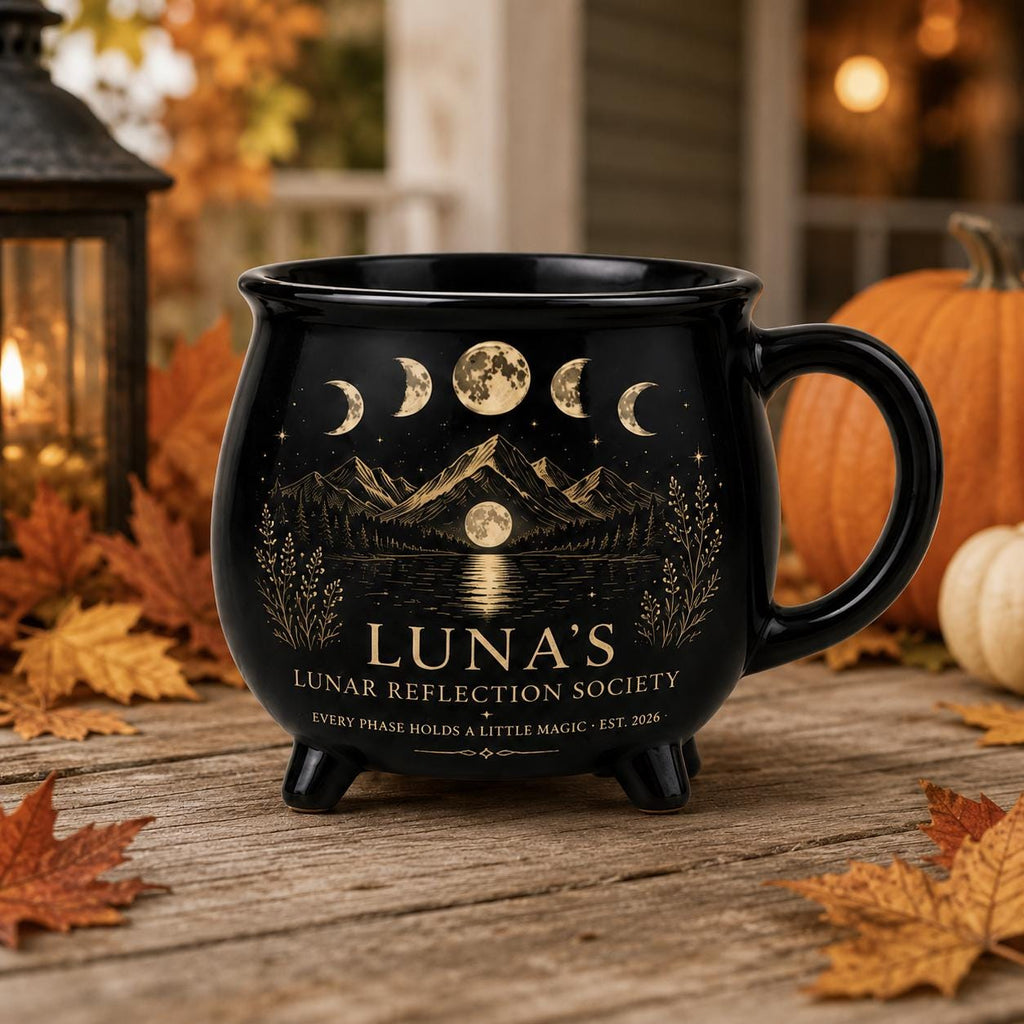 Personalized Lunar Reflection Cauldron Mug, Custom Moon Phase Mug, Celestial Moon Lover Gift, Witchy Black Ceramic Cup