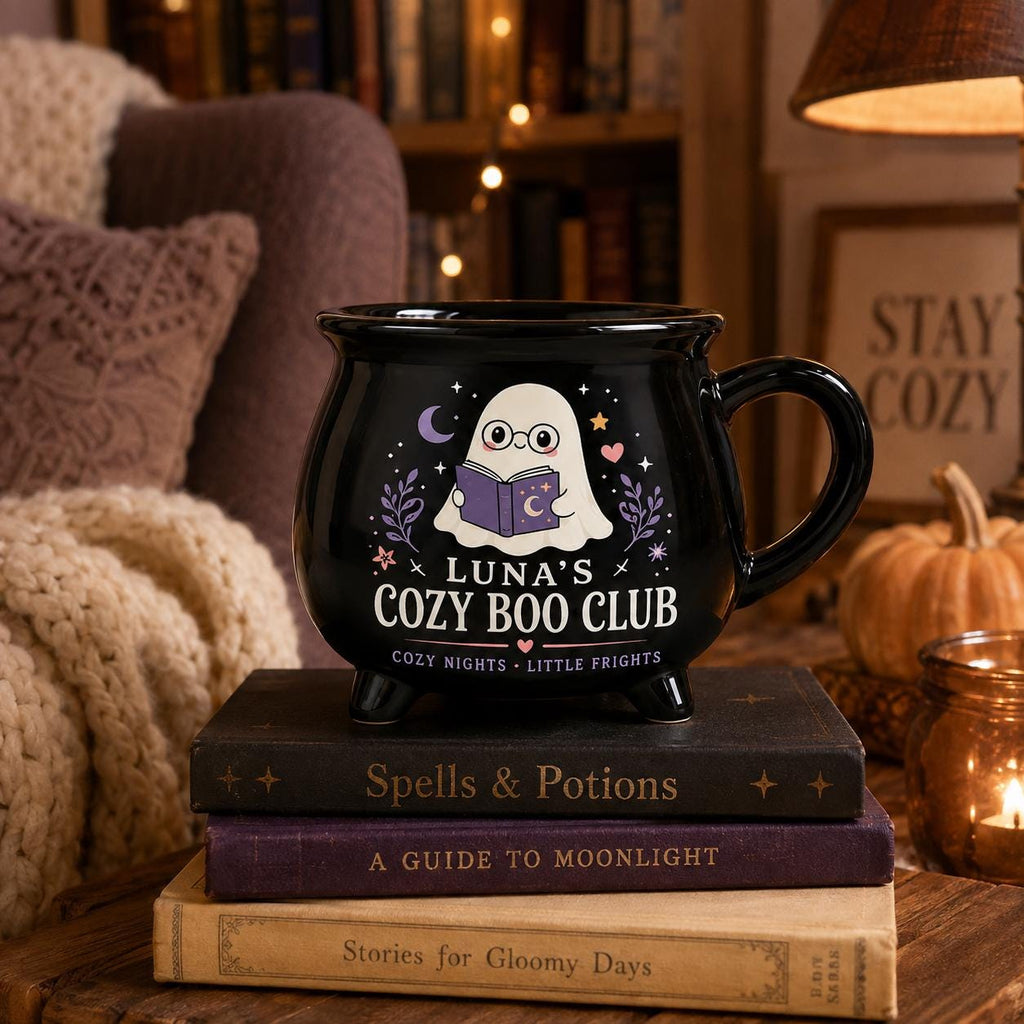 Personalized Cozy Boo Club Cauldron Mug, Cute Ghost Halloween Mug, Custom Name Spooky Gift