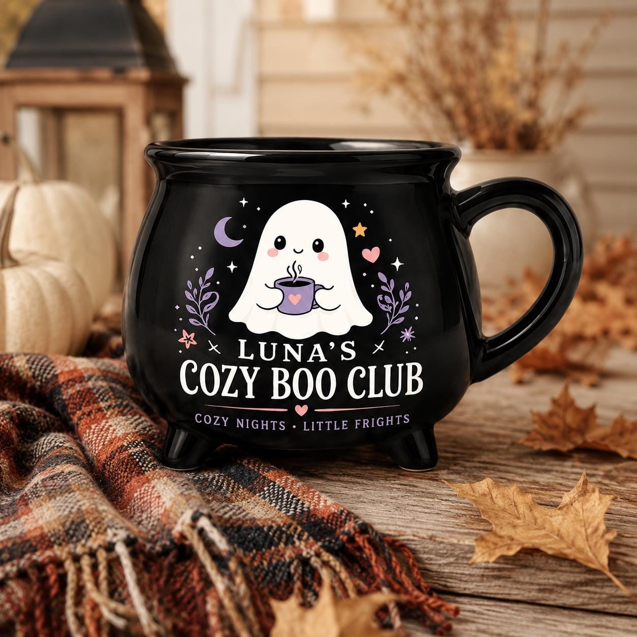 Personalized Cozy Boo Club Cauldron Mug, Cute Ghost Halloween Mug, Custom Name Spooky Gift