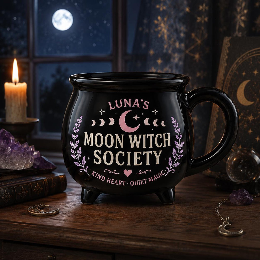 Personalized Witch Society Cauldron Mug, Custom Name Good Witch Mug, Cozy Book Garden Moon Cat Witch Gift