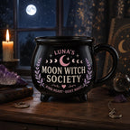 Personalized Witch Society Cauldron Mug, Custom Name Good Witch Mug, Cozy Book Garden Moon Cat Witch Gift