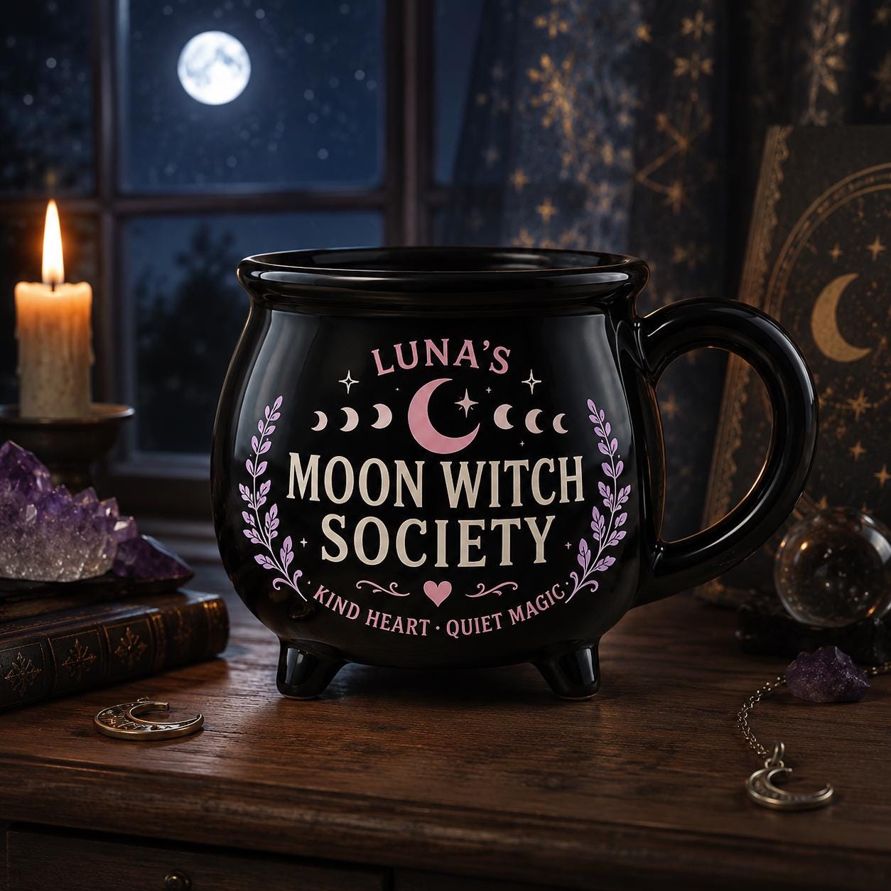 Personalized Witch Society Cauldron Mug, Custom Name Good Witch Mug, Cozy Book Garden Moon Cat Witch Gift