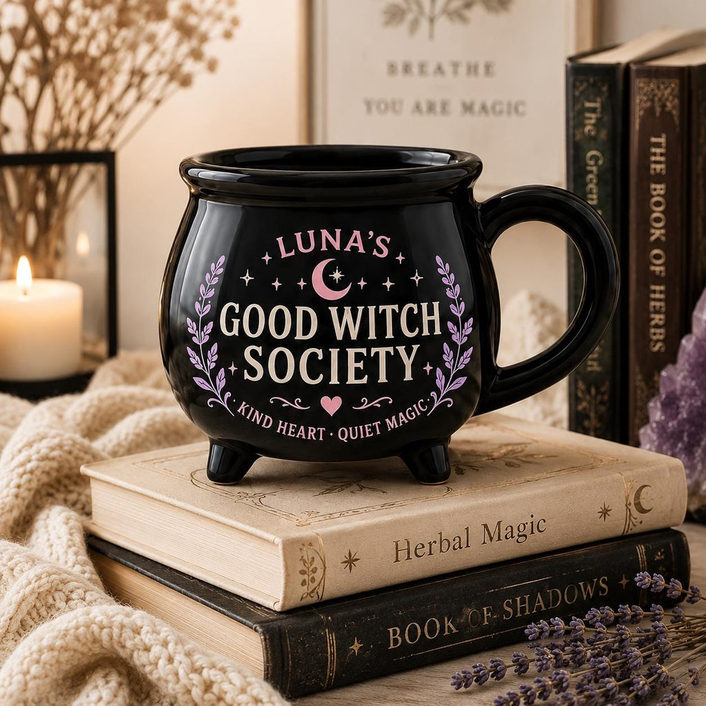 Personalized Witch Society Cauldron Mug, Custom Name Good Witch Mug, Cozy Book Garden Moon Cat Witch Gift