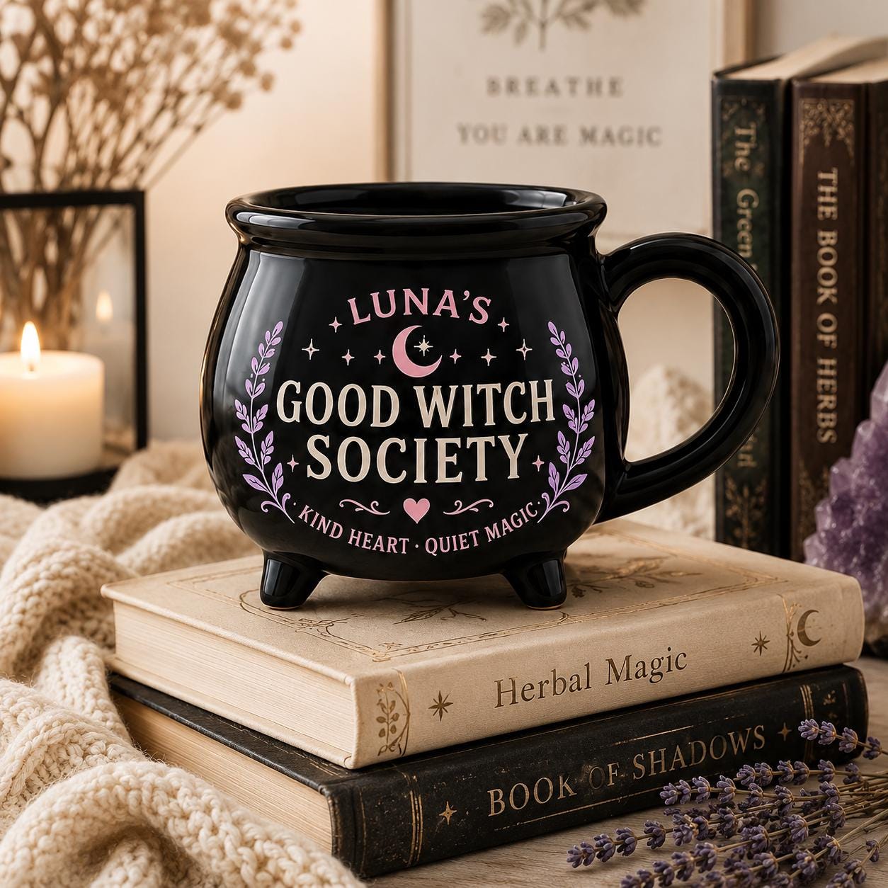 Personalized Witch Society Cauldron Mug, Custom Name Good Witch Mug, Cozy Book Garden Moon Cat Witch Gift
