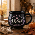 Personalized Witch Society Cauldron Mug, Custom Name Good Witch Mug, Cozy Book Garden Moon Cat Witch Gift