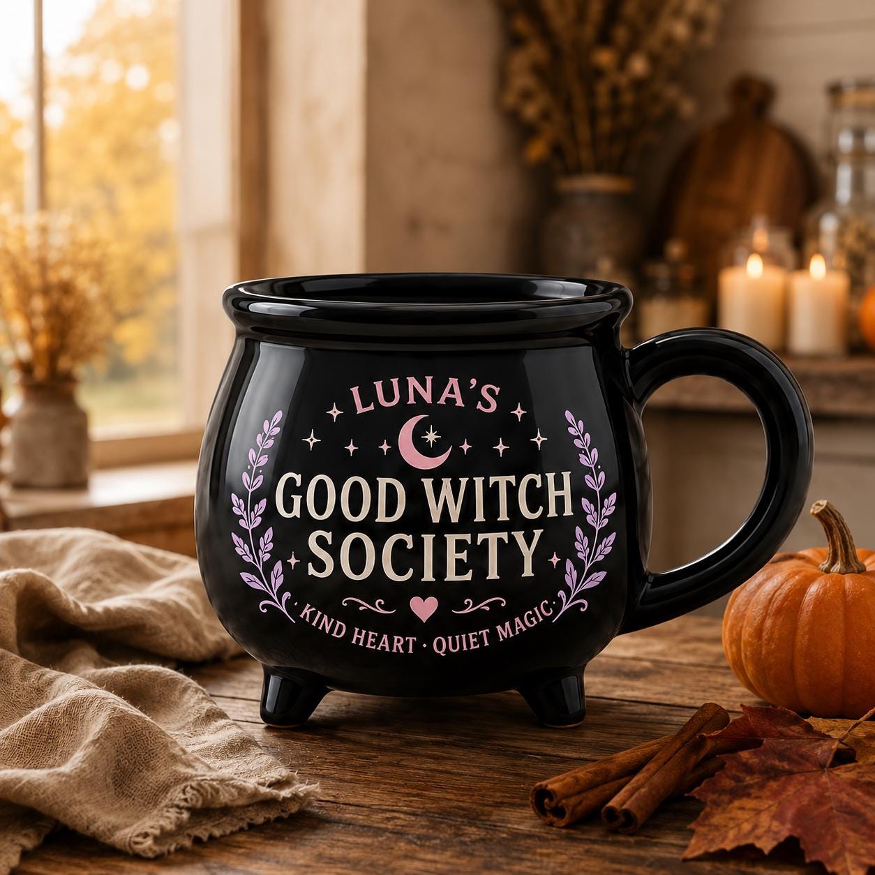 Personalized Witch Society Cauldron Mug, Custom Name Good Witch Mug, Cozy Book Garden Moon Cat Witch Gift