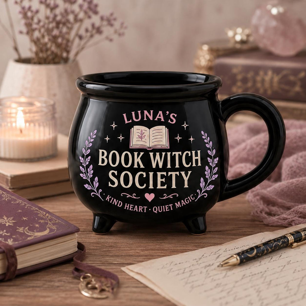 Personalized Witch Society Cauldron Mug, Custom Name Good Witch Mug, Cozy Book Garden Moon Cat Witch Gift