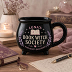 Personalized Witch Society Cauldron Mug, Custom Name Good Witch Mug, Cozy Book Garden Moon Cat Witch Gift