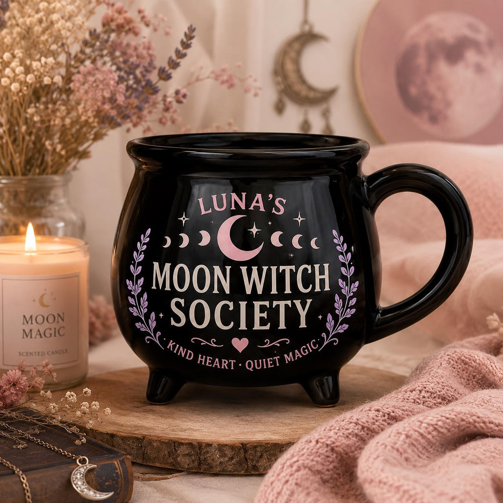 Personalized Witch Society Cauldron Mug, Custom Name Good Witch Mug, Cozy Book Garden Moon Cat Witch Gift