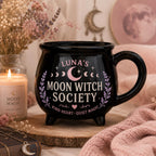 Personalized Witch Society Cauldron Mug, Custom Name Good Witch Mug, Cozy Book Garden Moon Cat Witch Gift