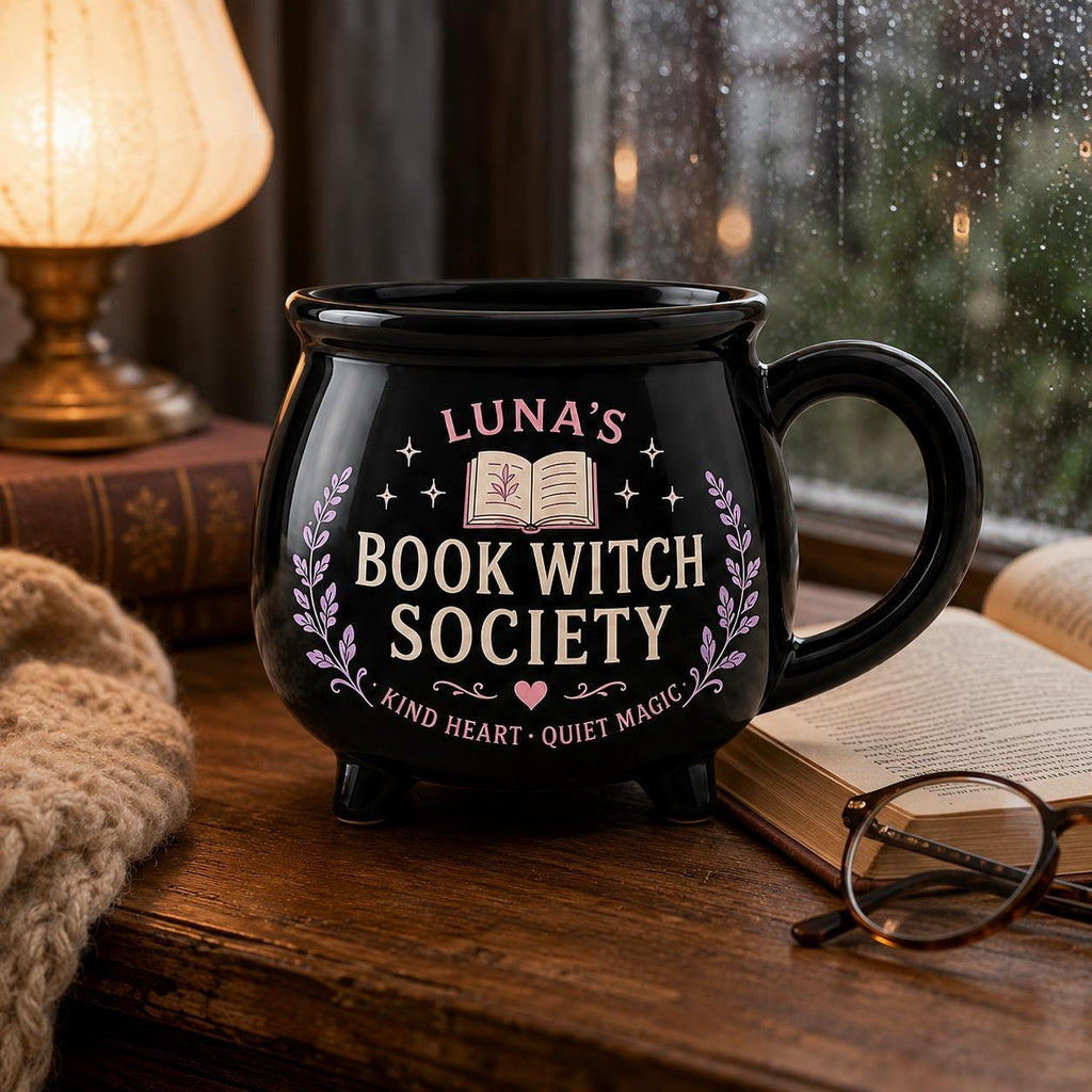 Personalized Witch Society Cauldron Mug, Custom Name Good Witch Mug, Cozy Book Garden Moon Cat Witch Gift