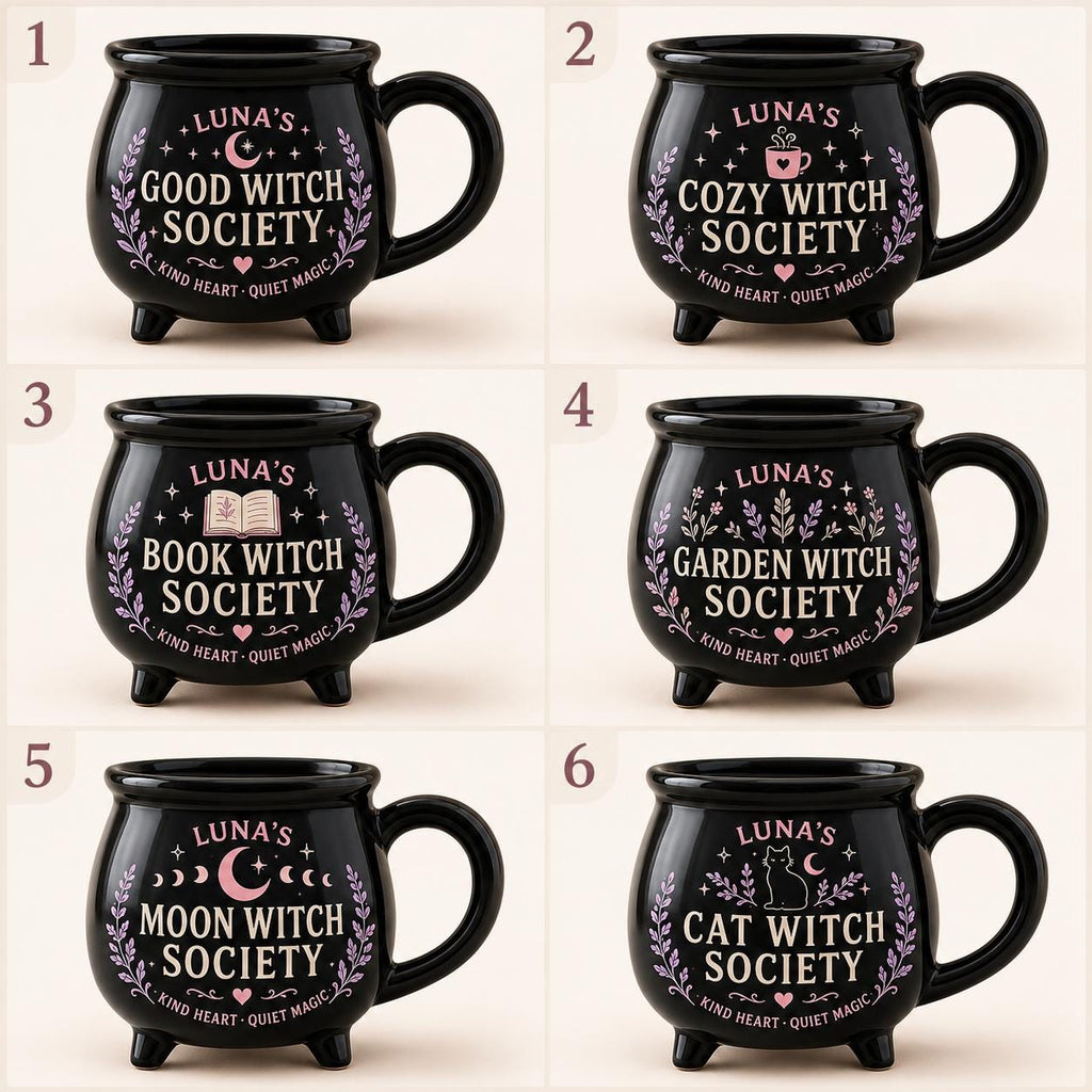 Personalized Witch Society Cauldron Mug, Custom Name Good Witch Mug, Cozy Book Garden Moon Cat Witch Gift