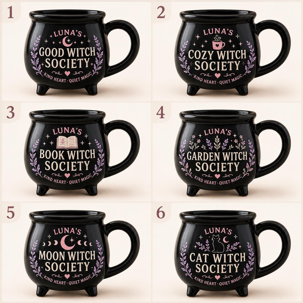 Personalized Witch Society Cauldron Mug, Custom Name Good Witch Mug, Cozy Book Garden Moon Cat Witch Gift