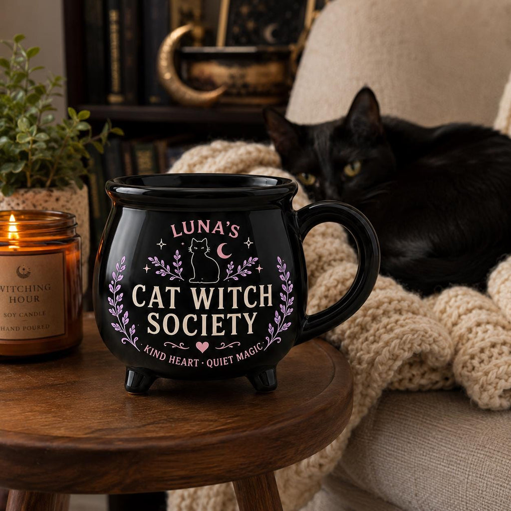 Personalized Witch Society Cauldron Mug, Custom Name Good Witch Mug, Cozy Book Garden Moon Cat Witch Gift