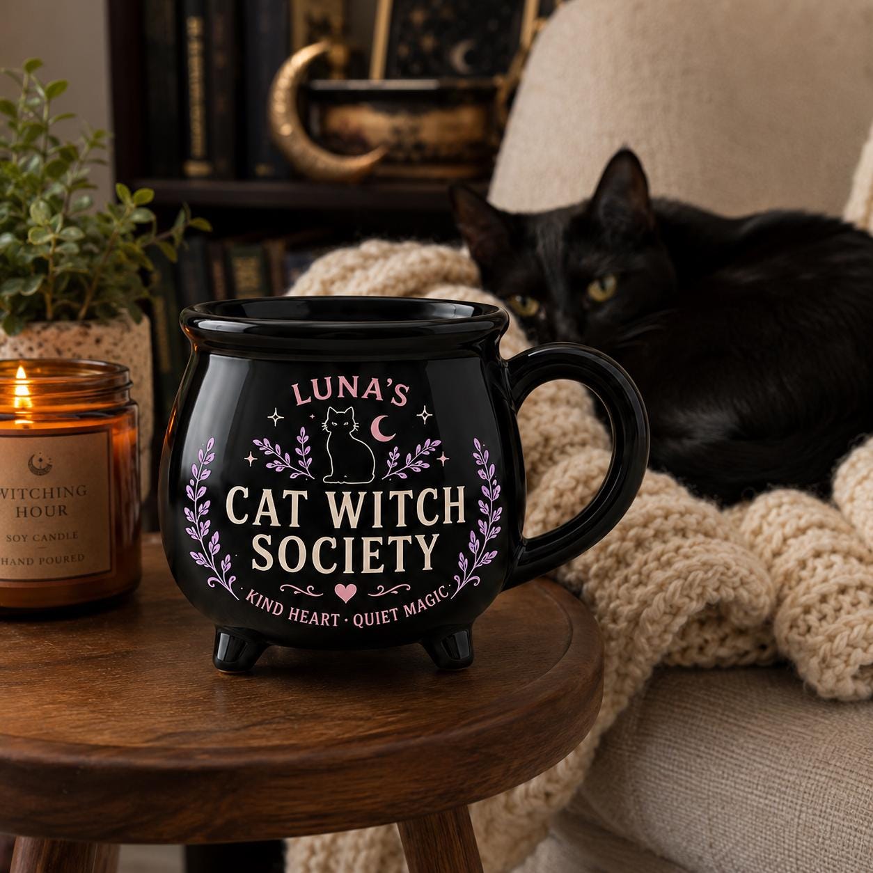 Personalized Witch Society Cauldron Mug, Custom Name Good Witch Mug, Cozy Book Garden Moon Cat Witch Gift
