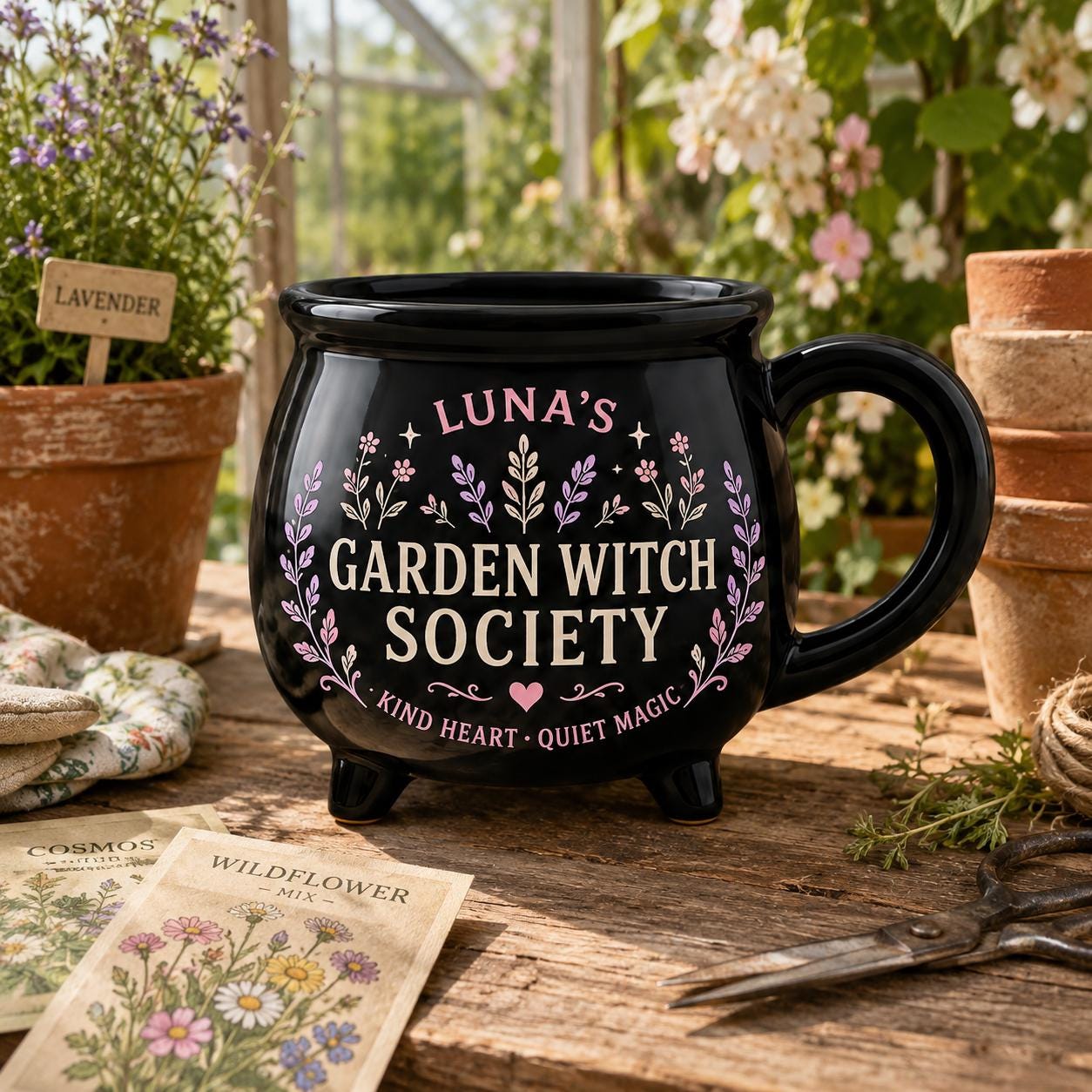 Personalized Witch Society Cauldron Mug, Custom Name Good Witch Mug, Cozy Book Garden Moon Cat Witch Gift