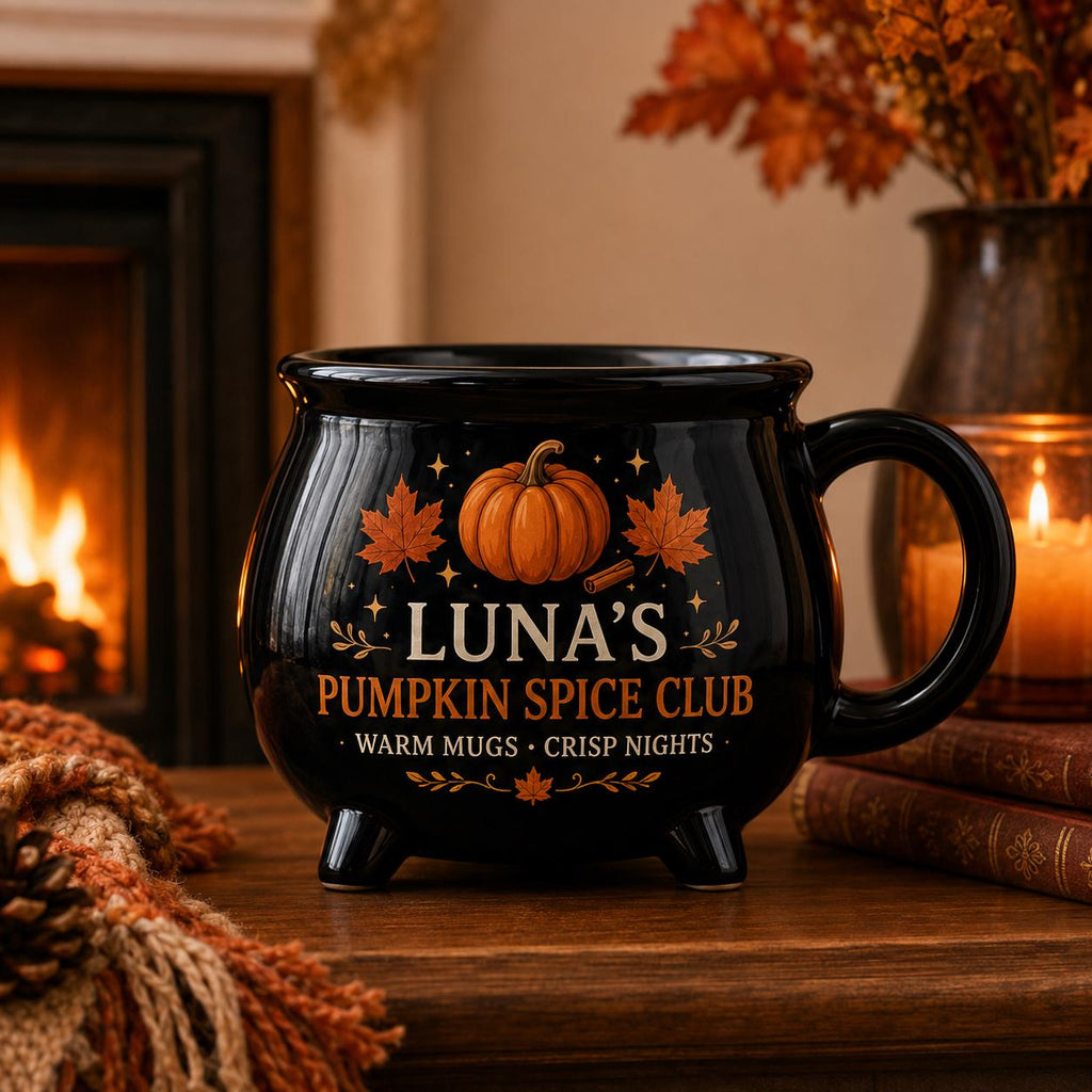 Personalized Fall Drink Cauldron Mug, Custom Autumn Cocoa Coffee Tea Cider Mug, Cozy Seasonal Gift