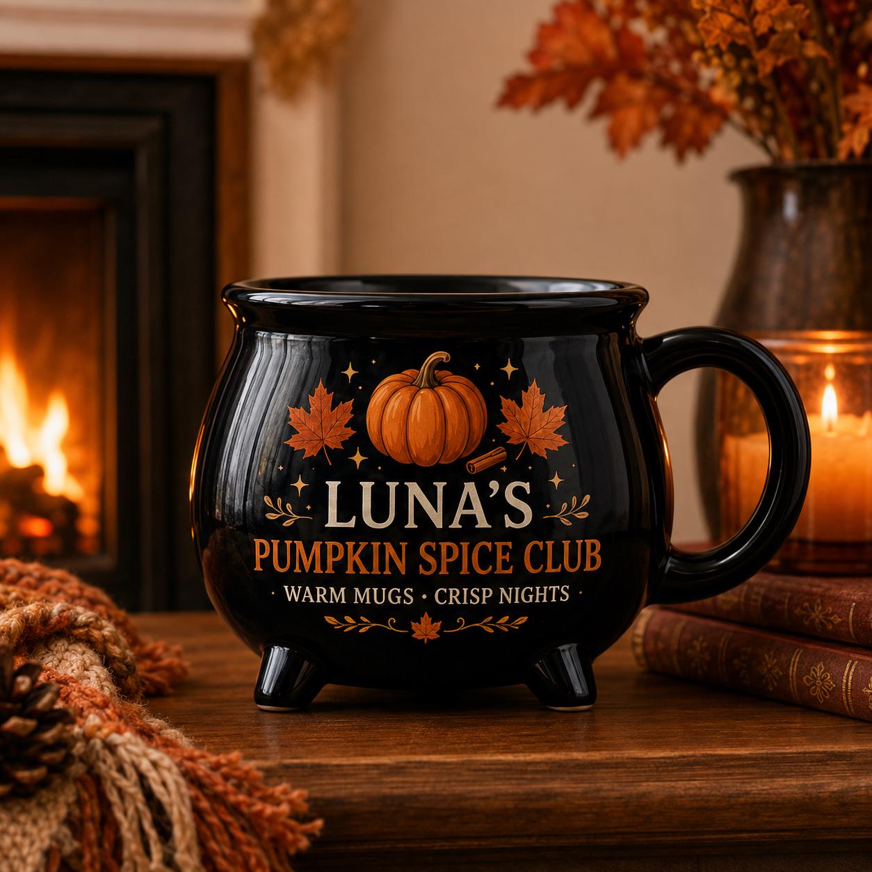 Personalized Fall Drink Cauldron Mug, Custom Autumn Cocoa Coffee Tea Cider Mug, Cozy Seasonal Gift