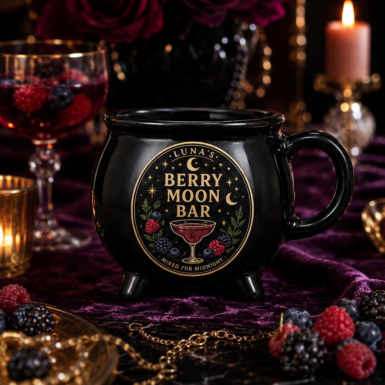 Personalized Moonlit Cocktail Cauldron Mug, Custom Witchy Drink Club Mug, Celestial Cocktail Gift