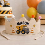 Personalized Construction Birthday Crown, Embroidered Linen-Look Kids Crown, Custom Name Dump Truck First Birthday Hat