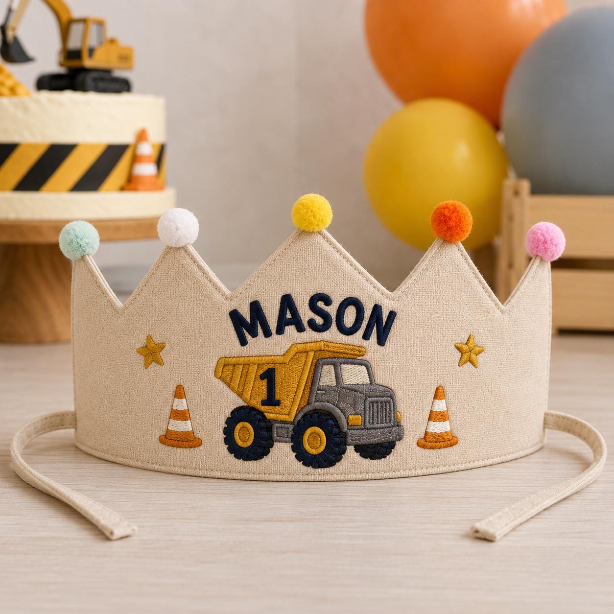 Personalized Construction Birthday Crown, Embroidered Linen-Look Kids Crown, Custom Name Dump Truck First Birthday Hat