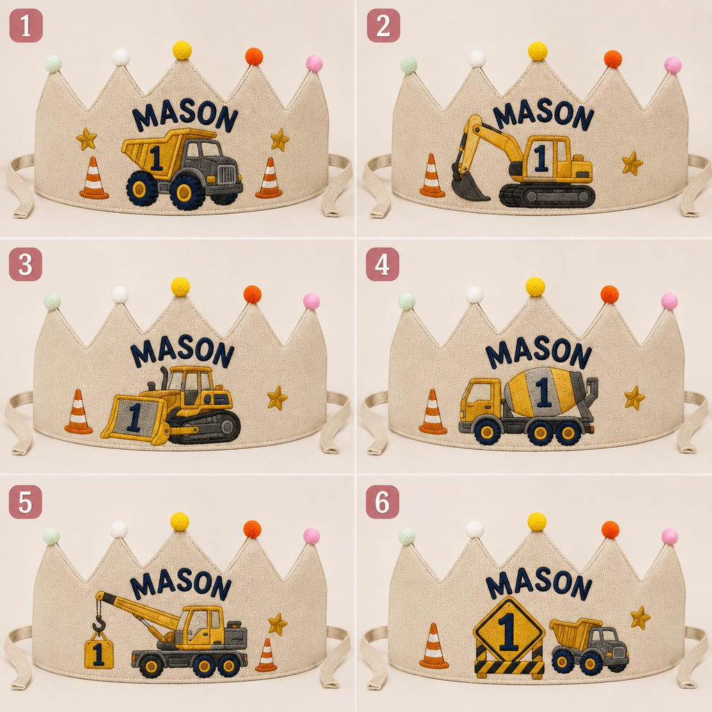 Personalized Construction Birthday Crown, Embroidered Linen-Look Kids Crown, Custom Name Dump Truck First Birthday Hat