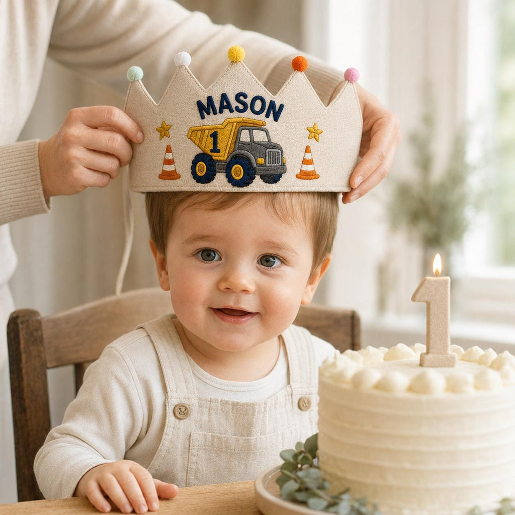 Personalized Construction Birthday Crown, Embroidered Linen-Look Kids Crown, Custom Name Dump Truck First Birthday Hat