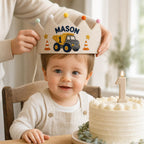 Personalized Construction Birthday Crown, Embroidered Linen-Look Kids Crown, Custom Name Dump Truck First Birthday Hat