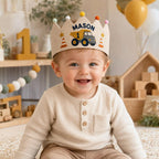 Personalized Construction Birthday Crown, Embroidered Linen-Look Kids Crown, Custom Name Dump Truck First Birthday Hat