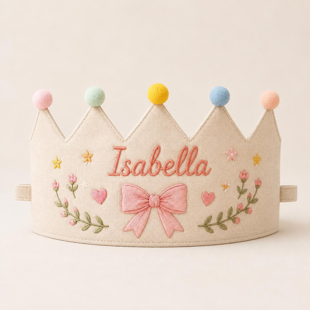 Personalized Embroidered Birthday Crown, Custom Name & Age Linen-Look Kids Crown, First Birthday Party Hat, Baby Keepsake Gift